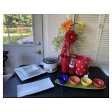 Crockpot, chest, bowls with tray and vase