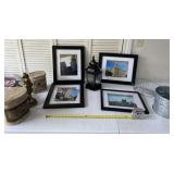 Galvanized bucket, framed pictures, fairy decor