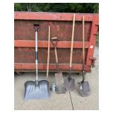 Hoe, Spade, snow shovel and two steel shovels