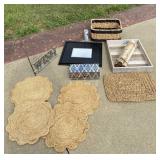 Black mirror, basket, decor logs and place mats