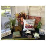 Farm Fresh pillow , basket arrangement, candle