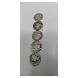5 Mercury Dimes.
