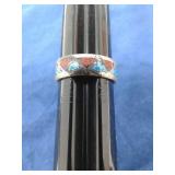 SZ.8.5 STERLING SILVER TURQUOISE & CORAL RING