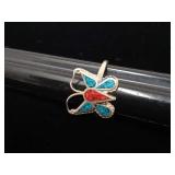 Sterling Silver Turquoise & Coral Ring - 2.1g -