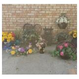 Artificial flowers, metal sled, metal wall art