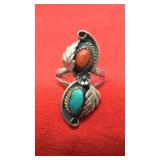 Unmarked Sterling Turquoise & Coral Ring 7.48g