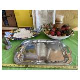Two trays and bowl with centerpiece and candle,