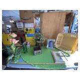 Basket, green vase, picture, mirror and