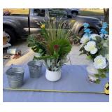Two silk flower arrangements and tin decorative