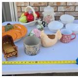 Glass fruit bowl, pumpkin dish chicken planter