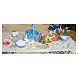 Cut glass, baskets, artificial flowers and more