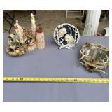 Resin antler mirror, wolf figure and bird decir