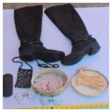Vintage wire framed glasses, beaded purse, and