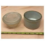 Small crock bowl and refrigerator dish with lid.