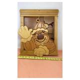 Wooden carved clown in window 16 x 18ï¿½
