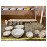 Fire King dishes, etched vine goblets and