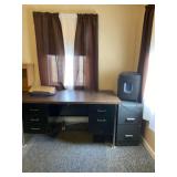 Desk with contents, filing cabinet without key ,