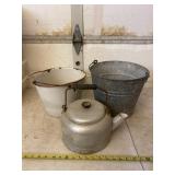 White enamel ware bucket, aluminum bucket and