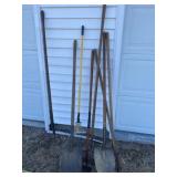 Hoe, pitchfork, rake and shovels