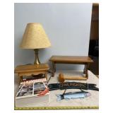 Two small wooden benches, lamp, wood gavel, Gone