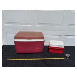 Small Coleman cooler and big Rubbermaid cooler.