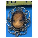 Whiting & Davis Amber-Colored Glass Cameo Brooch