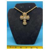 Gothic Gold Toned Cross with Rhinestones Necklace