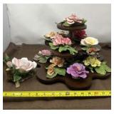 Porcelain Capodimonte Flowers With Wood 3 Shelf