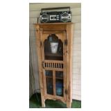 Wooden Storage Cabinet With Contents & Radio