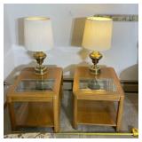 Two Wooden End Tables With Glass Tops & Two Lamps