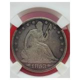 1853 Arrows & Rays Seated Liberty Silver Half