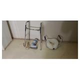 Walker, raised toilet with arms & leg brace