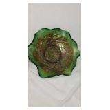 Carnival glass green bowl.