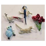 Lot of Bird Pins, Beetle, Flower Enamel