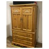 Pine Armoire with Carved Doors & Drawers