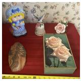 Rose Box with Contents, Rose Figurine, Bluebird