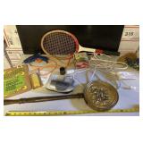 Wood Handled and Brass Bed Warmer, Tennis Racket,