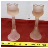 Pink Frosted Glass Tulip Shaped Candle Holders