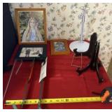 Framed Pictures, Doll Stand, Plate Stand and