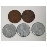 Two Indian Head Pennies and Three Steel Wartime