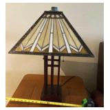Geometric Stained Glass Shade Lamp with Dark Wood