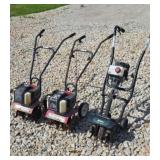 Three small garden tillers for parts or repair