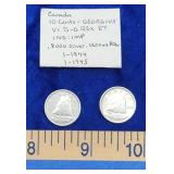 1944 & 1945 Silver (80%) Canadian 10 cent coins.