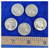 5 Buffalo Nickels - Unknown Dates