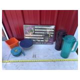Cutting Board, Pitchers, and Pyrex Bowl