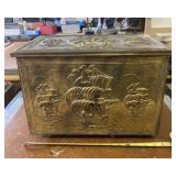 Hammered Brass Ship Design Wood Box with Lid and