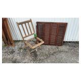Vtg wooden window shutters and folding chair