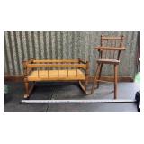 Vtg Wooden Doll Cradle & High Chair