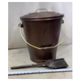 Bronze-colored metal ash bucket with a lid and