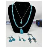 Turquoise Style Silvertone Necklaces and Earring